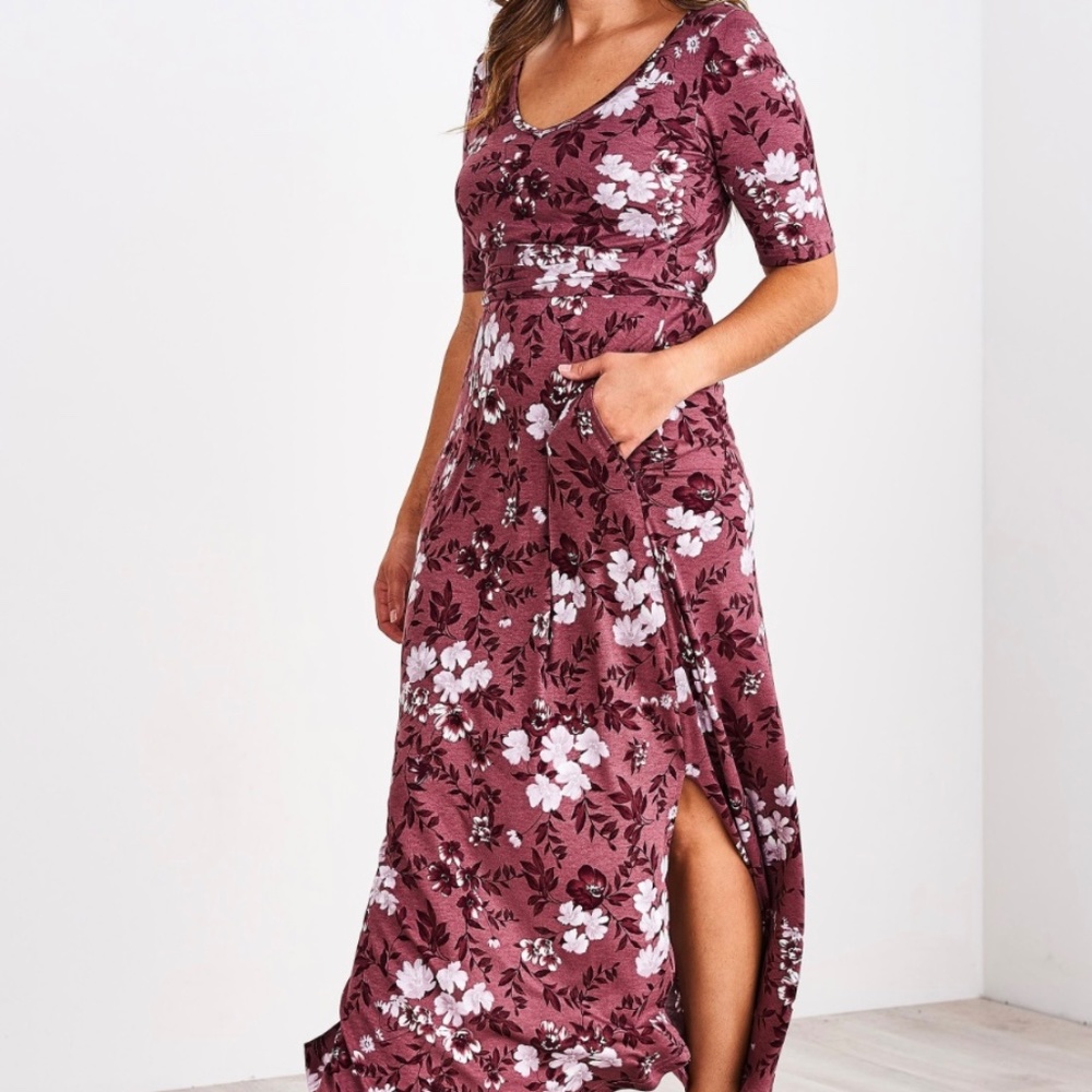Latched Mama heathered wine floral long maxi nursing dress